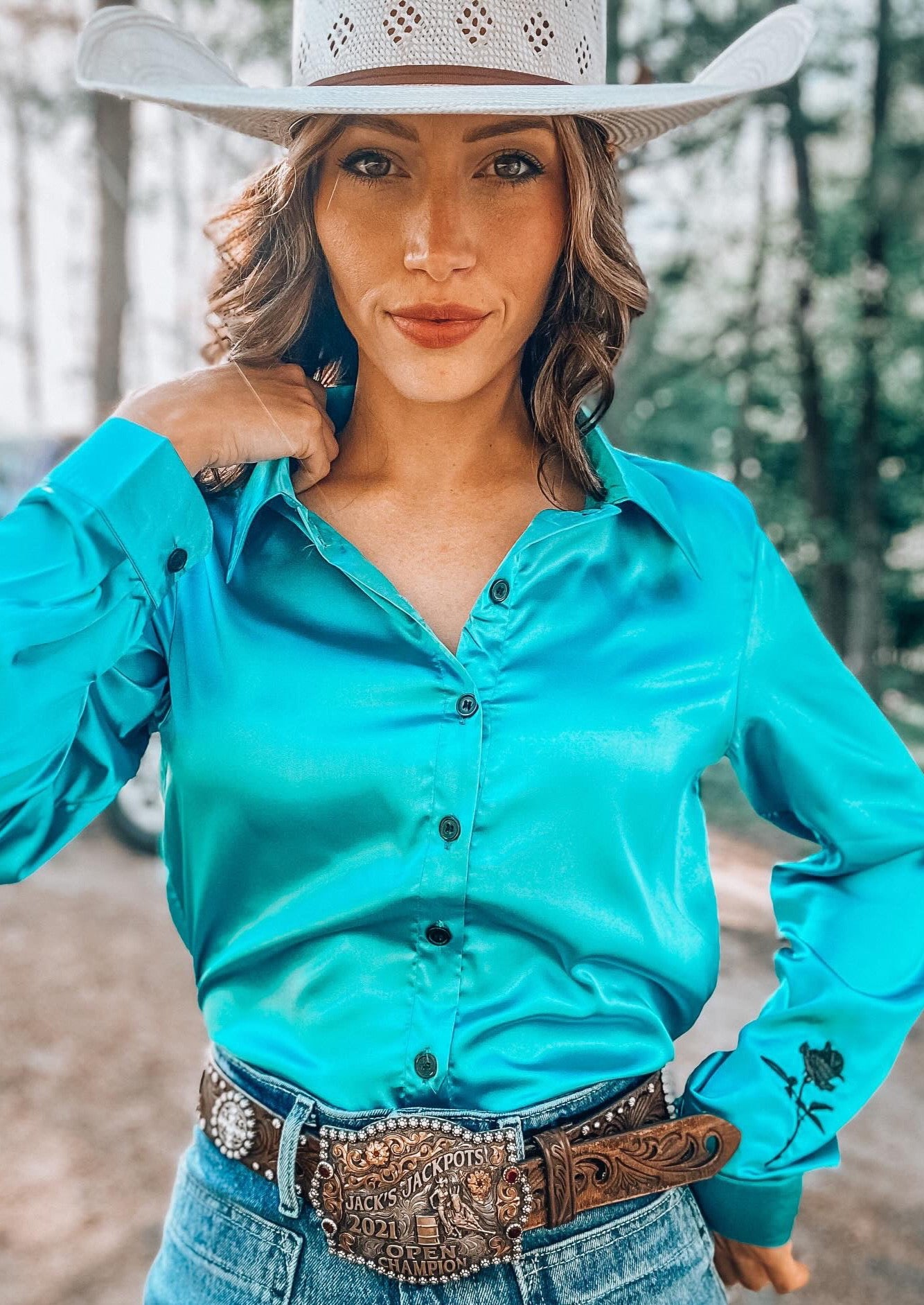 Aqua Leopard Satin Rodeo Shirt