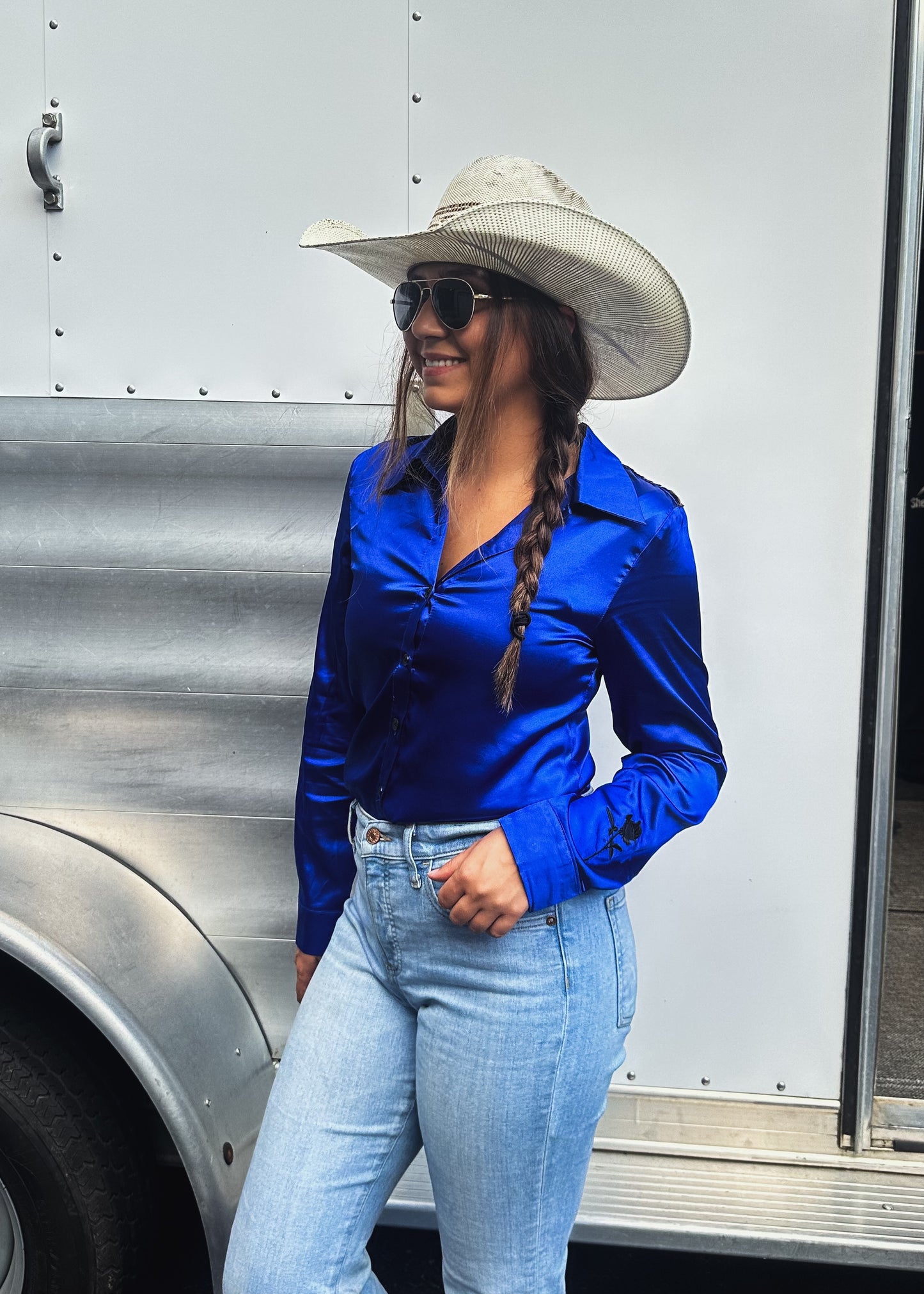 Royal Blue Leopard Satin Rodeo Shirt