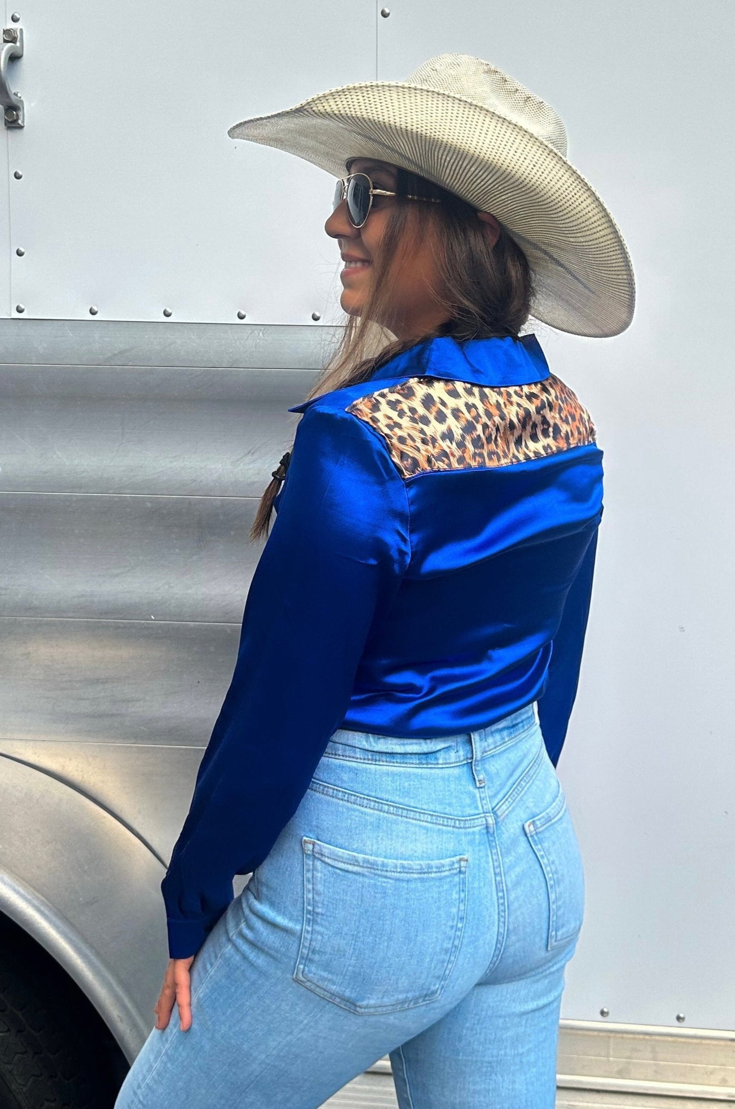 Royal Blue Leopard Satin Rodeo Shirt