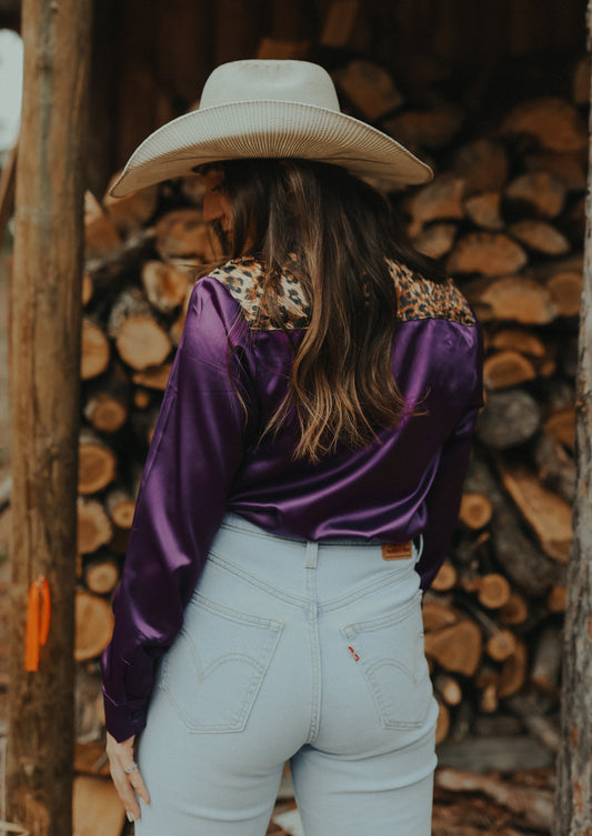 LEOPARD PURPLE SATIN RODEO SHIRT